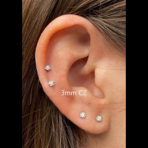 3mm Tiny CZ Screw on FlatBack Stud Earrings,Gold Plated Flat Back Cubic Zirconia - Picture 3 of 8